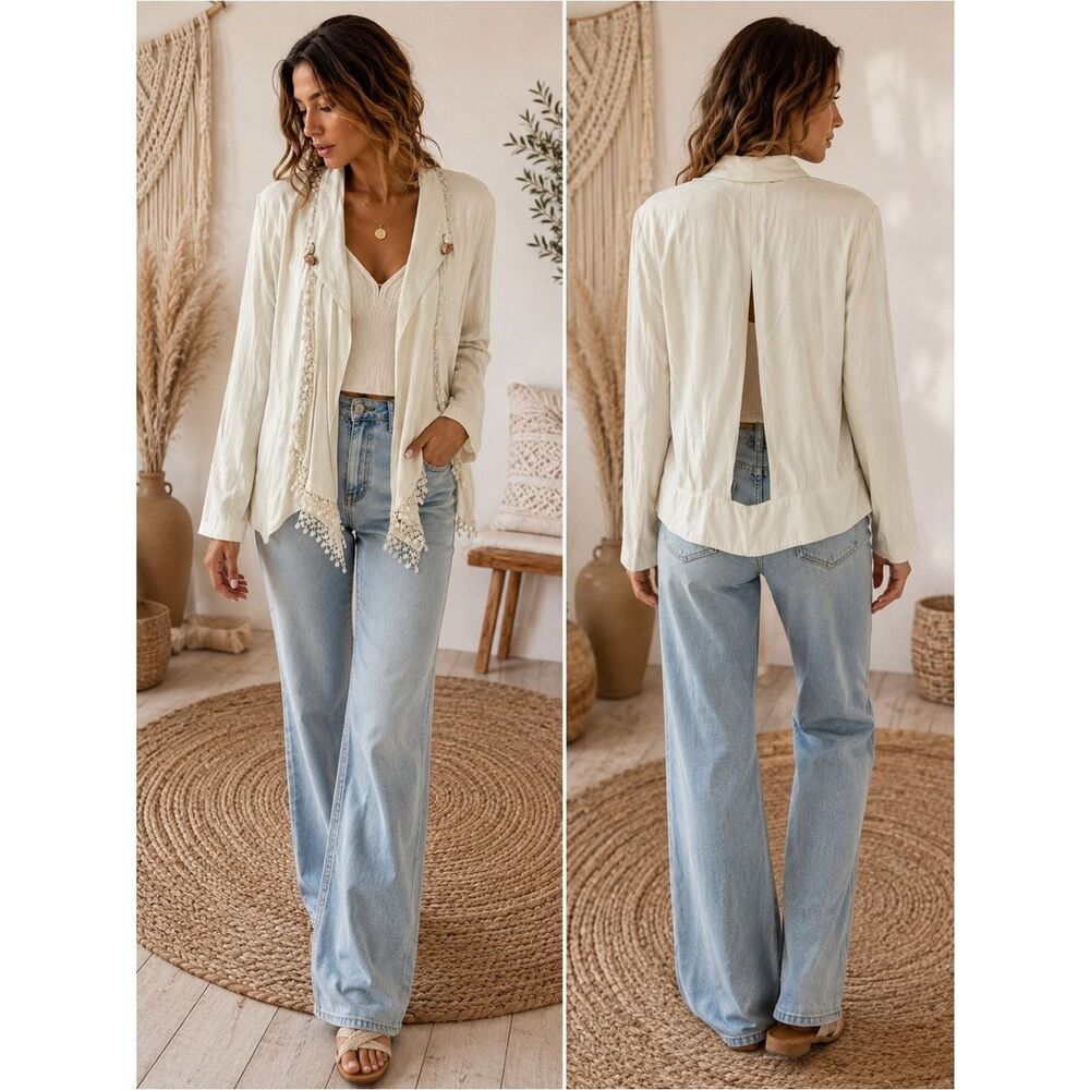 Vintage Boho Chic Light Cream Open Front Boho Jacket with LaceTassel Trim